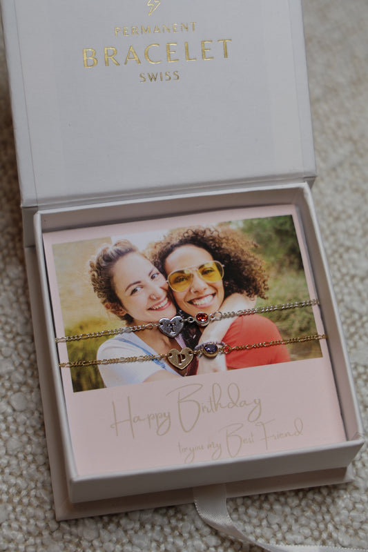 Personalisiertes Bracelet Set mit Herzbuchstaben und Monatsstein Verbinder